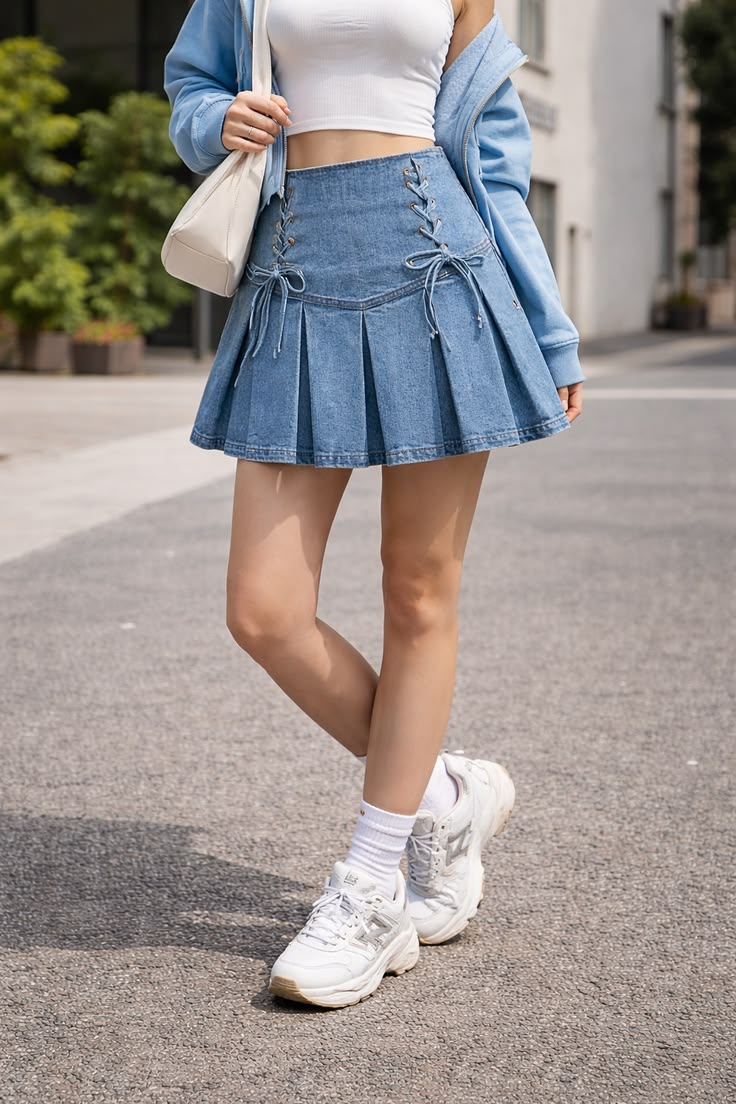 Women Light Blue Lace-Up Denim Skirt