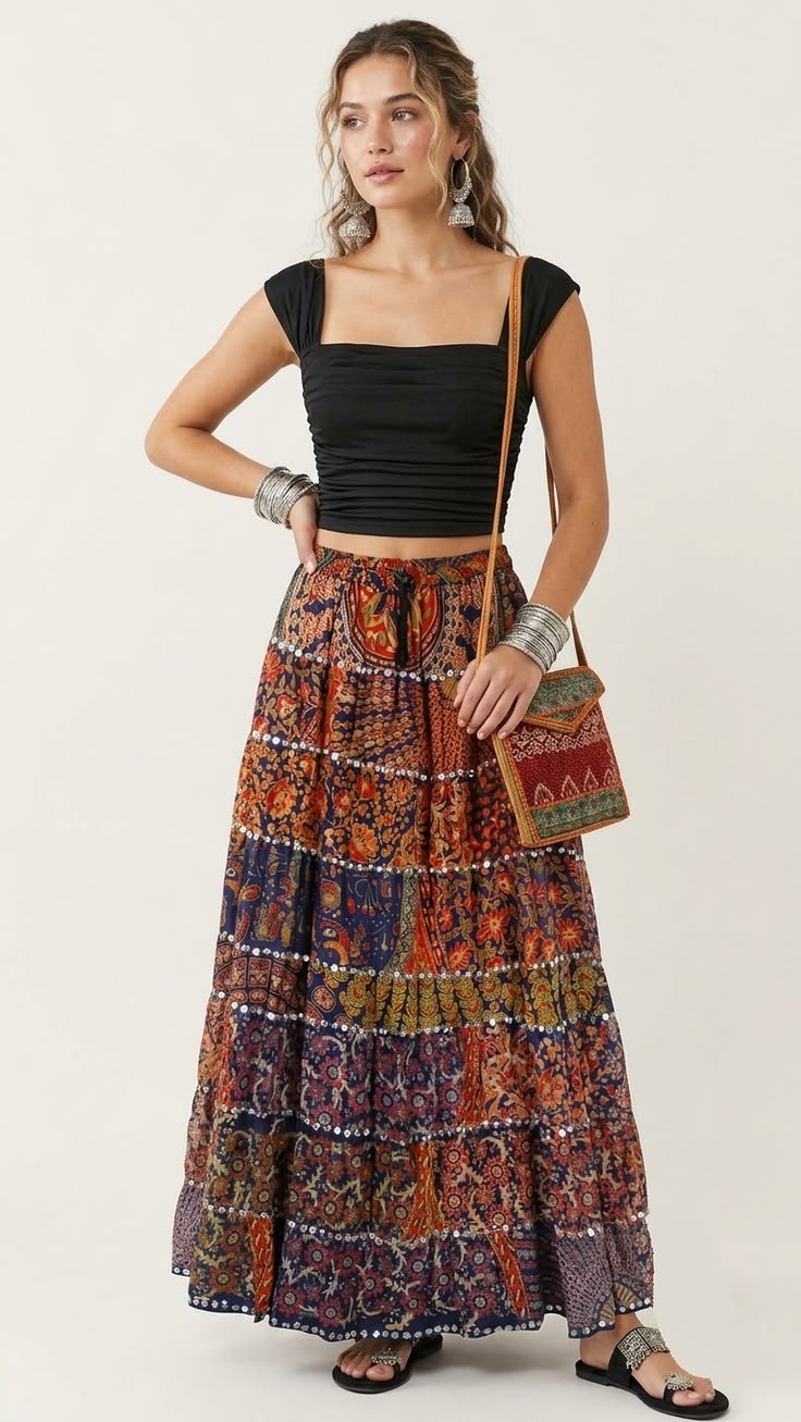 Women Printed Mirror Work Maxi Skirt