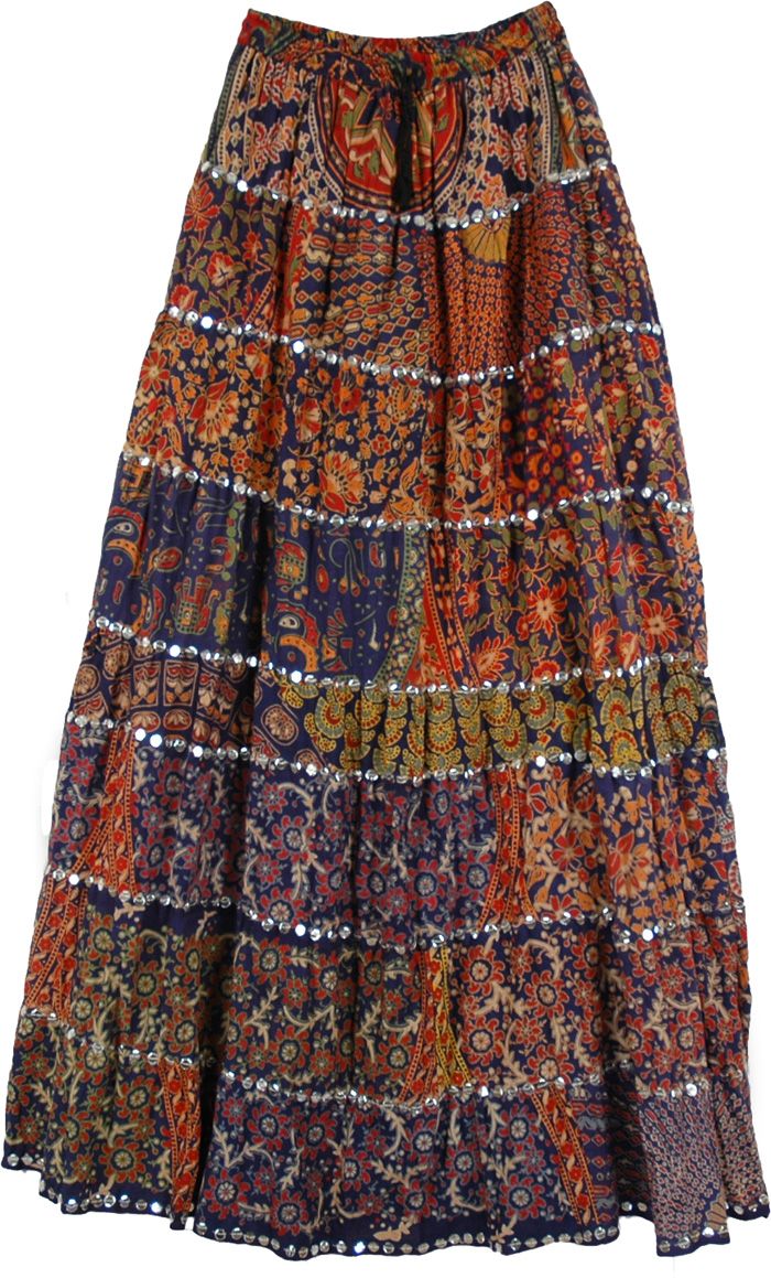 Women Printed Mirror Work Maxi Skirt