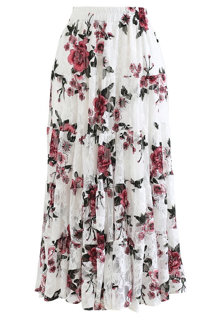 Women White Floral Chiffon Maxi Skirt
