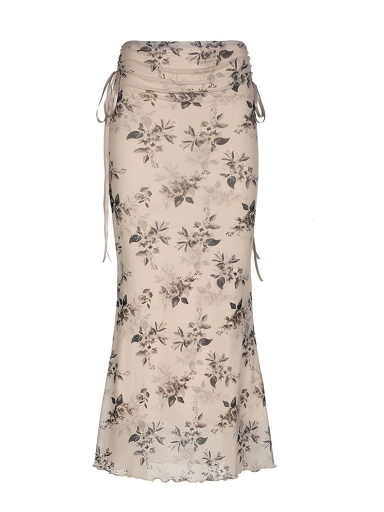 Women Beige Floral Ruched Midi Skirt