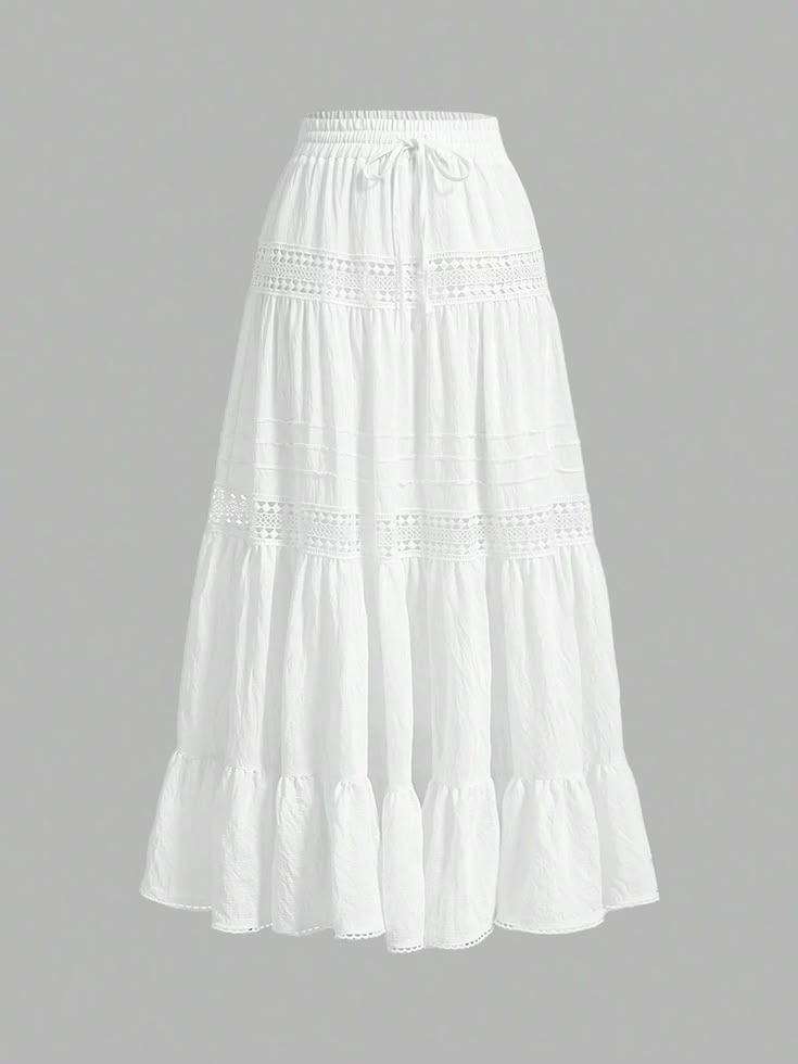 Women White Cotton Crochet Trim Maxi Skirt