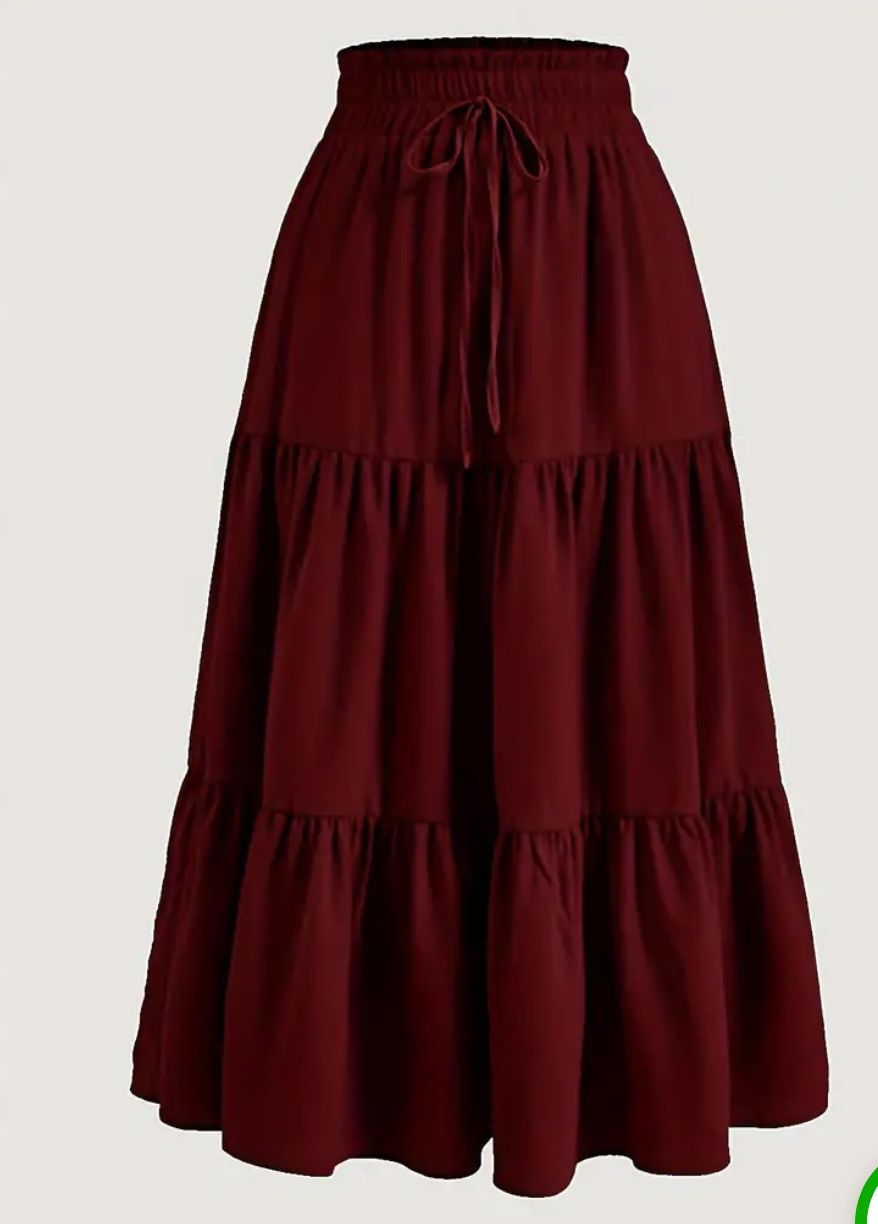Women Burgundy Tiered Cotton Maxi Skirt
