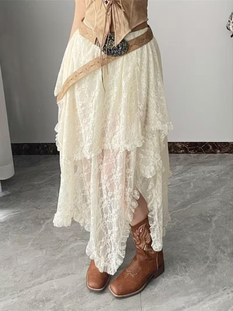Women Ivory Lace Ruffle Tiered Skirt