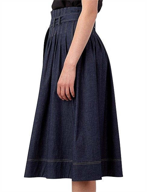 Women Dark Blue Pleated Denim Maxi Skirt