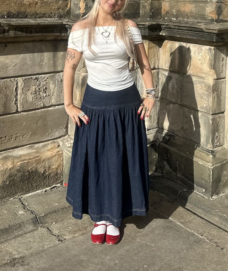 Women Dark Blue Pleated Denim Maxi Skirt