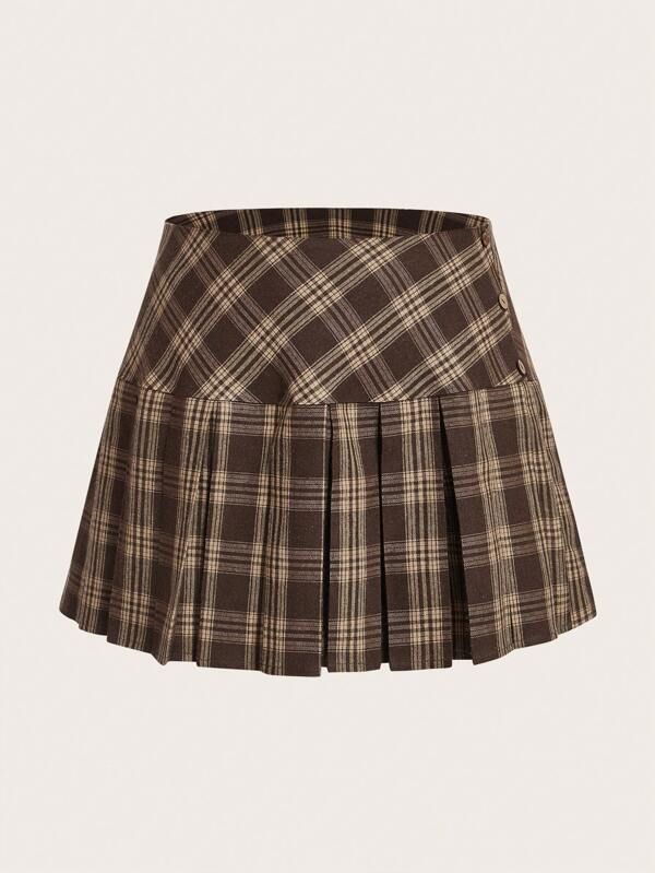 Women Brown Plaid Pleated Mini Skirt