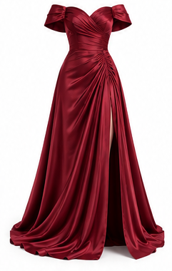 Burgundy Off Shoulder Satin Evening Gown