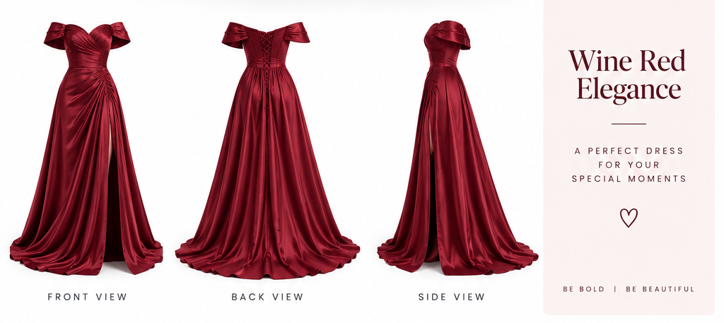 Burgundy Off Shoulder Satin Evening Gown