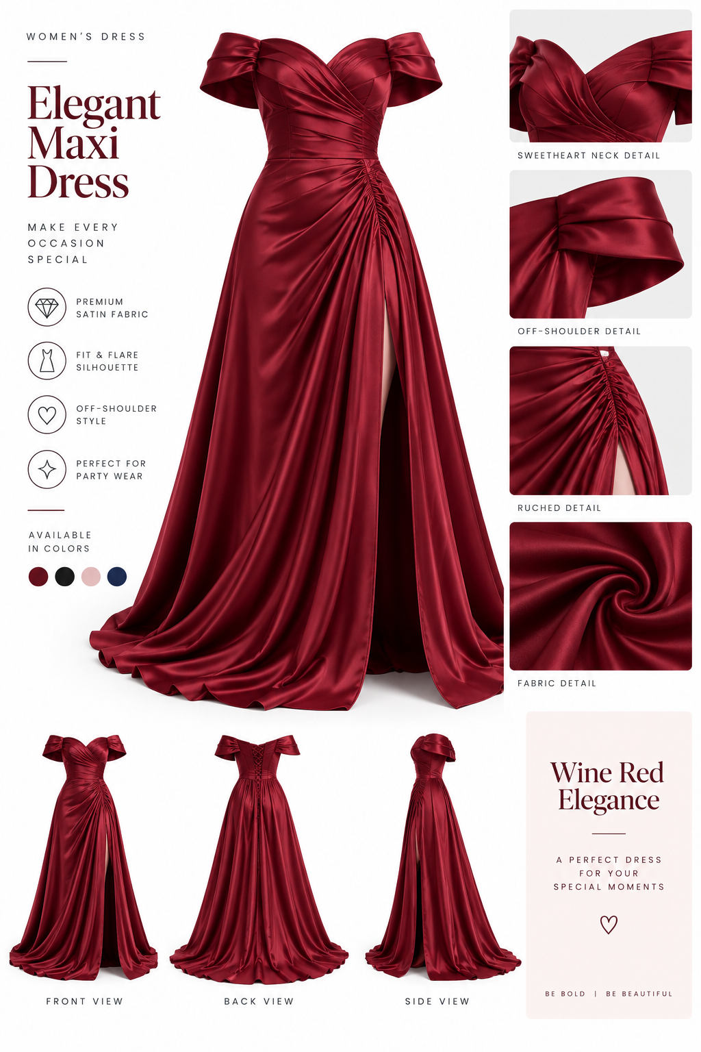 Burgundy Off Shoulder Satin Evening Gown