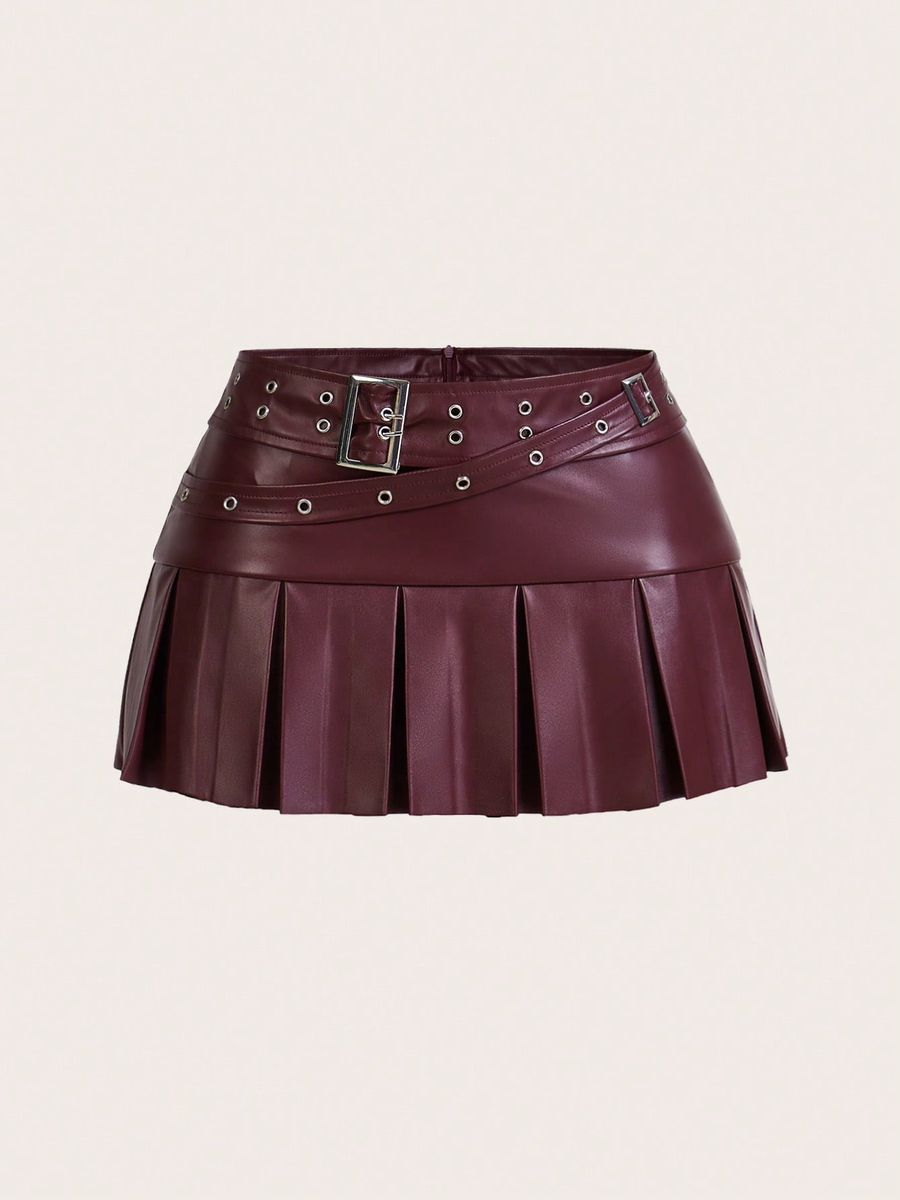 Women Burgundy Faux Leather Pleated Mini Skirt