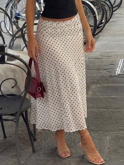 Women Cream Polka Dot A-Line Midi Skirt