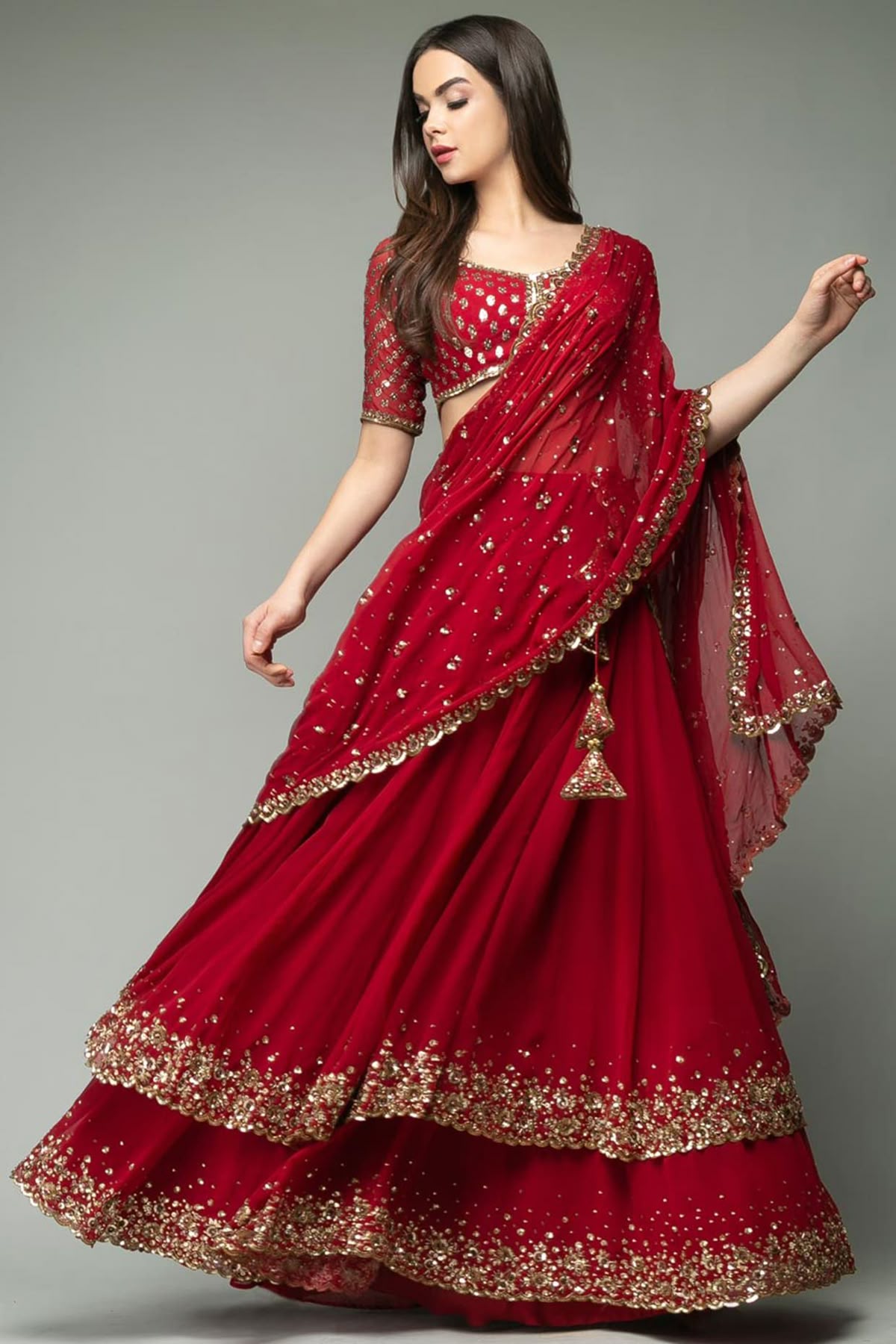 Women Red Sequin Embellished Saree with Designer Blouse