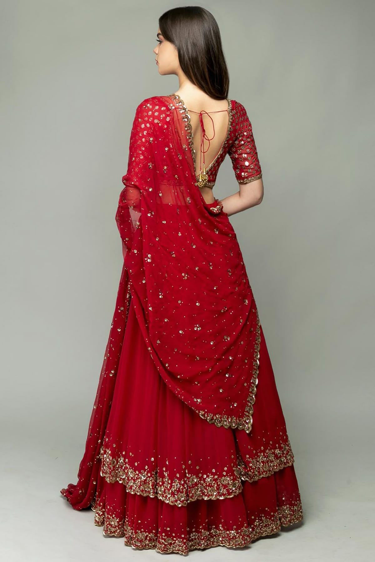 Women Red Sequin Embellished Saree with Designer Blouse