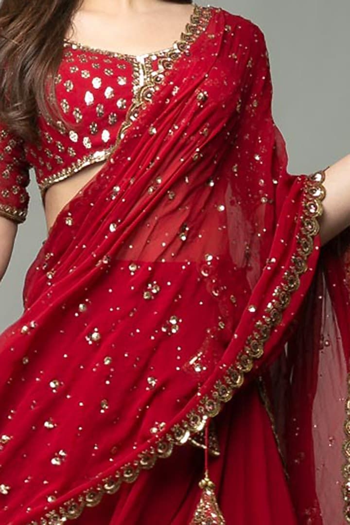 Women Red Sequin Embellished Saree with Designer Blouse