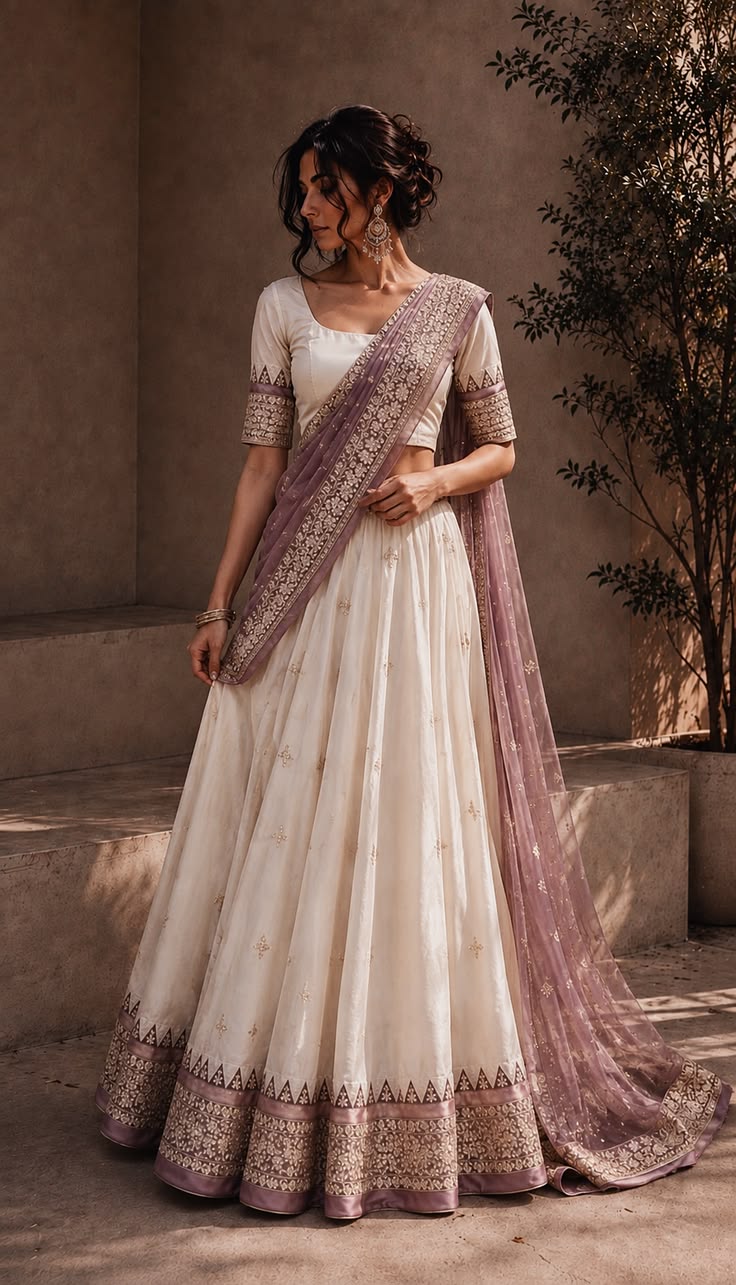 Women Ivory Mauve Border Lehenga Set with Dupatta