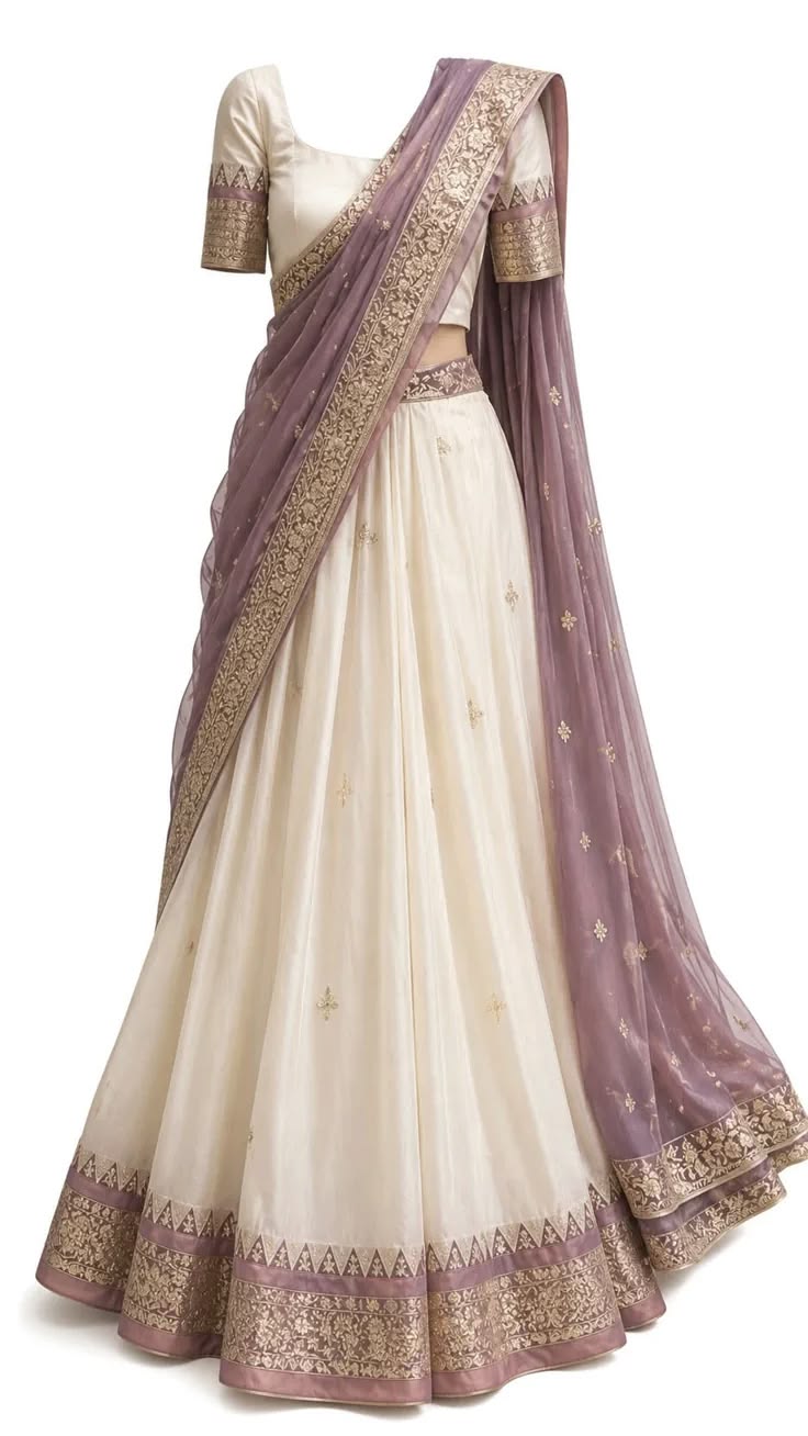 Women Ivory Mauve Border Lehenga Set with Dupatta