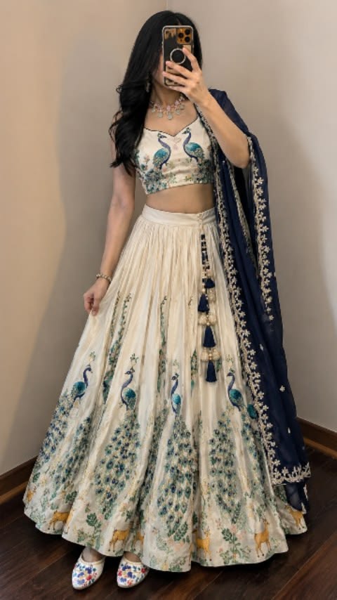 Women Ivory Peacock Print Lehenga with Navy Dupatta