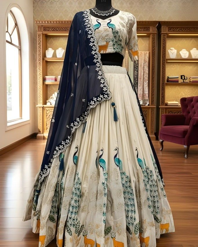 Women Ivory Peacock Print Lehenga with Navy Dupatta