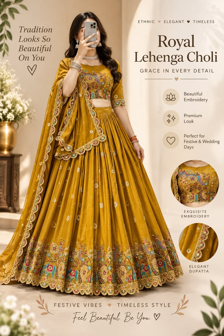 Women Mustard Embroidered Bridal Lehenga Set