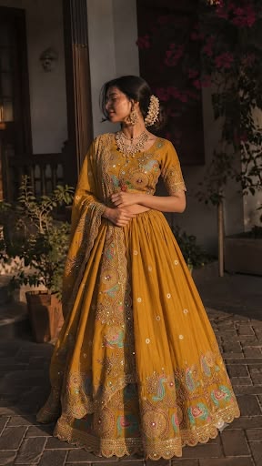 Women Mustard Embroidered Bridal Lehenga Set