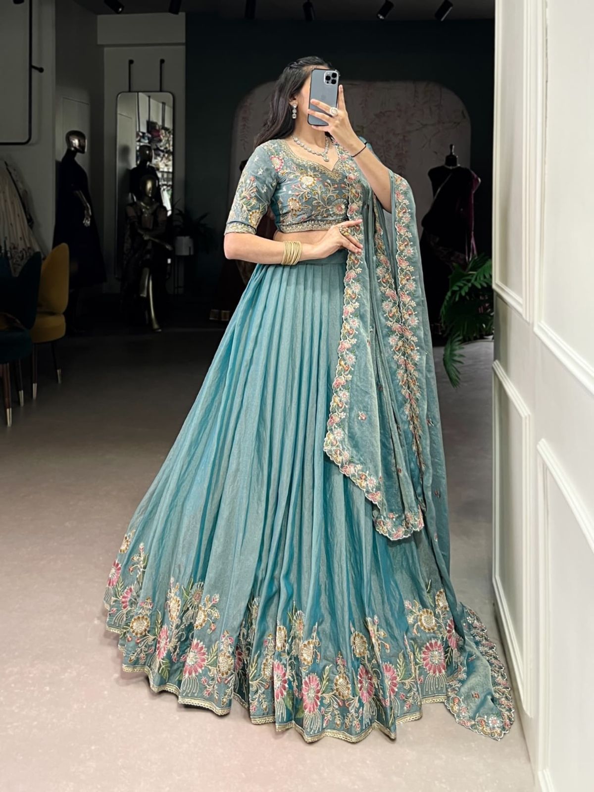 Women Sage Green Floral Embroidered Lehenga Set