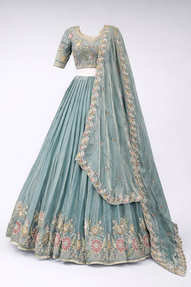 Women Sage Green Floral Embroidered Lehenga Set