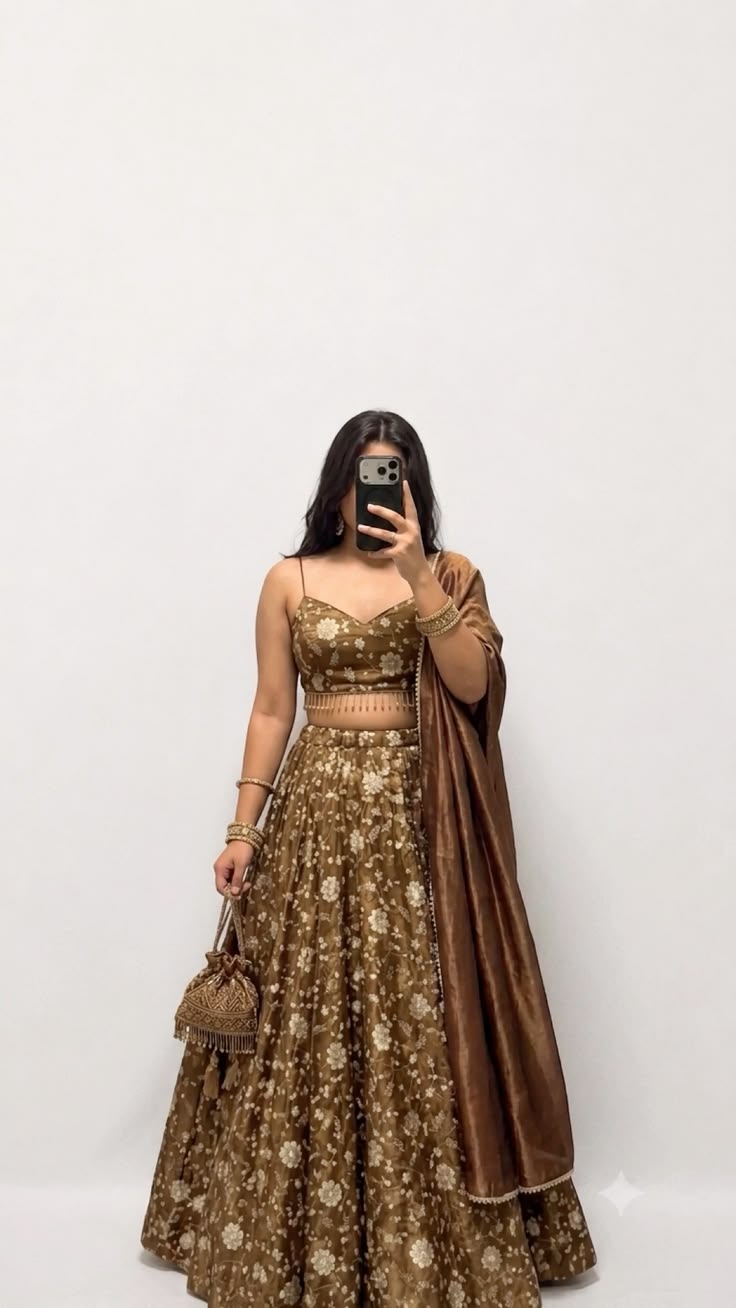 Women Brown Floral Printed Lehenga with Sheer Dupatta