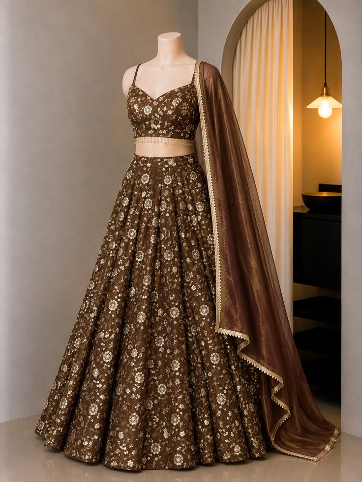 Women Brown Floral Printed Lehenga with Sheer Dupatta
