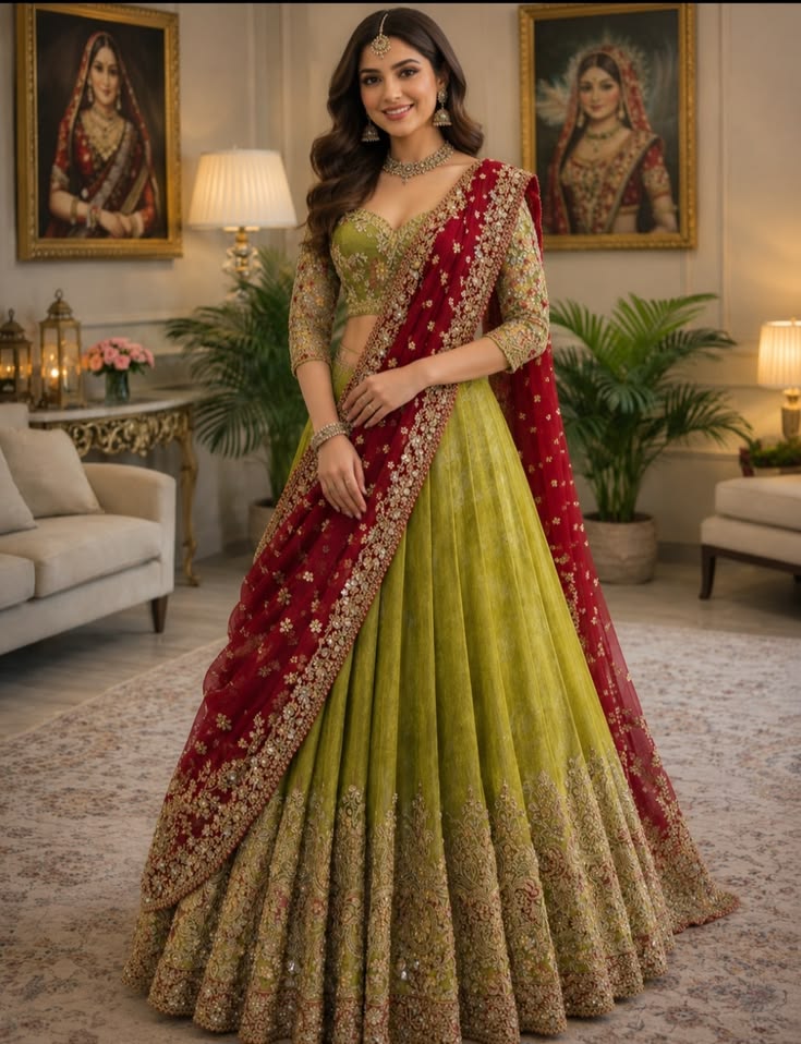 Women Green and Red Embroidered Lehenga with Dupatta