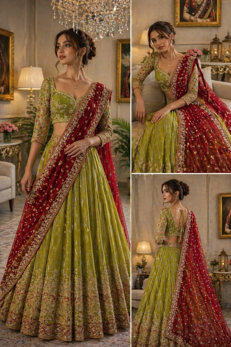 Women Green and Red Embroidered Lehenga with Dupatta