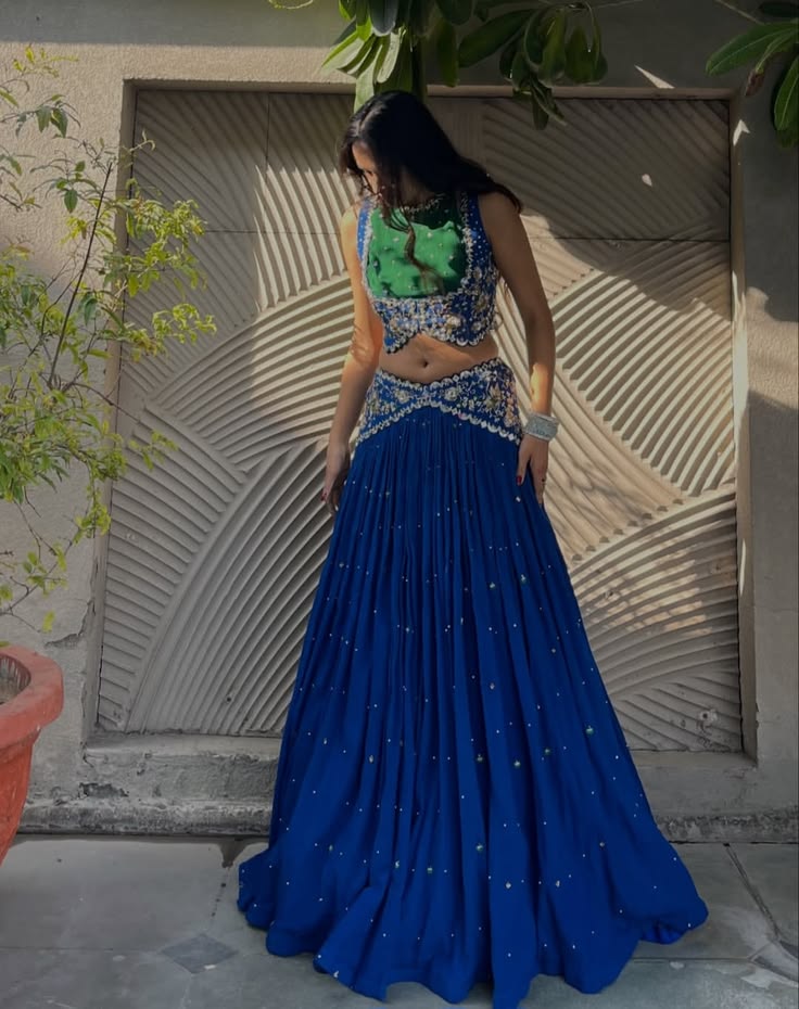 Women Royal Blue Embroidered Lehenga Choli Set