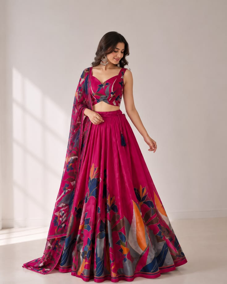 Women Magenta Floral Printed Lehenga with Dupatta
