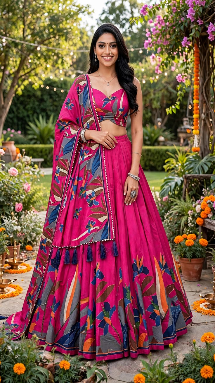 Women Magenta Floral Printed Lehenga with Dupatta