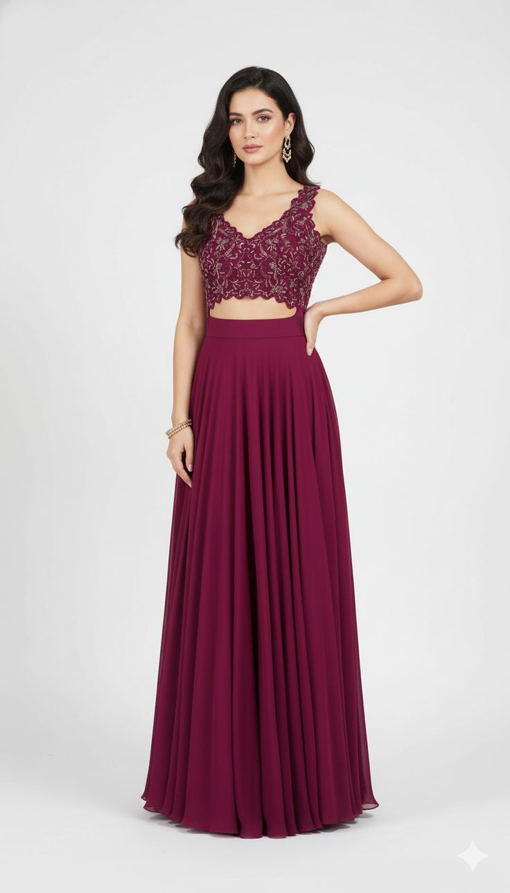 Women Wine Embroidered Cutout Lehenga Set