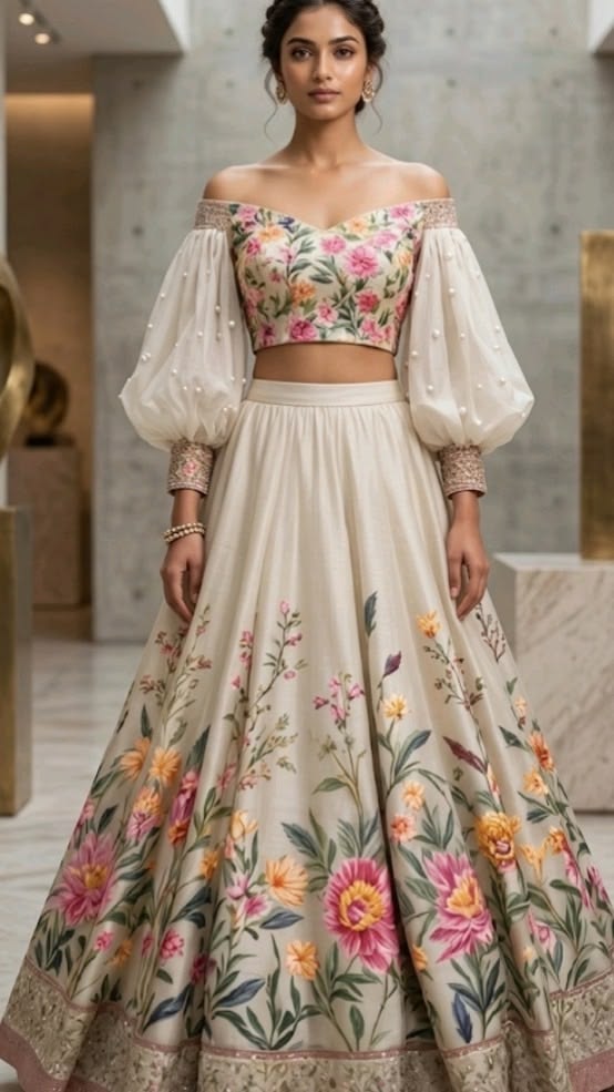 Women Ivory Floral Embroidered Lehenga Set