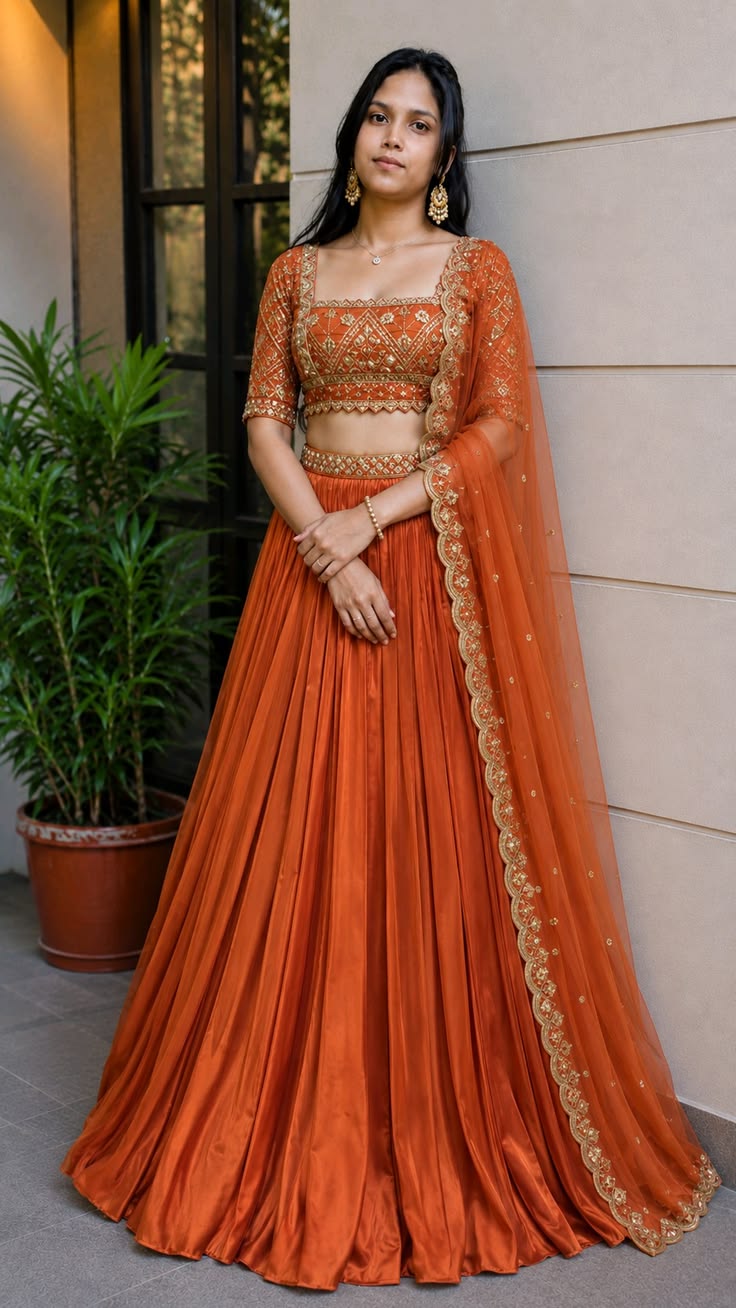 Women Rust Orange Embroidered Lehenga Choli with Dupatta