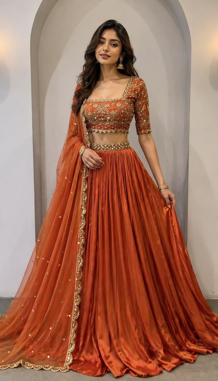 Women Rust Orange Embroidered Lehenga Choli with Dupatta