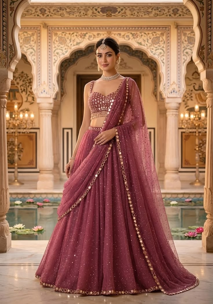 Women Mauve Sequin Embellished Lehenga Set