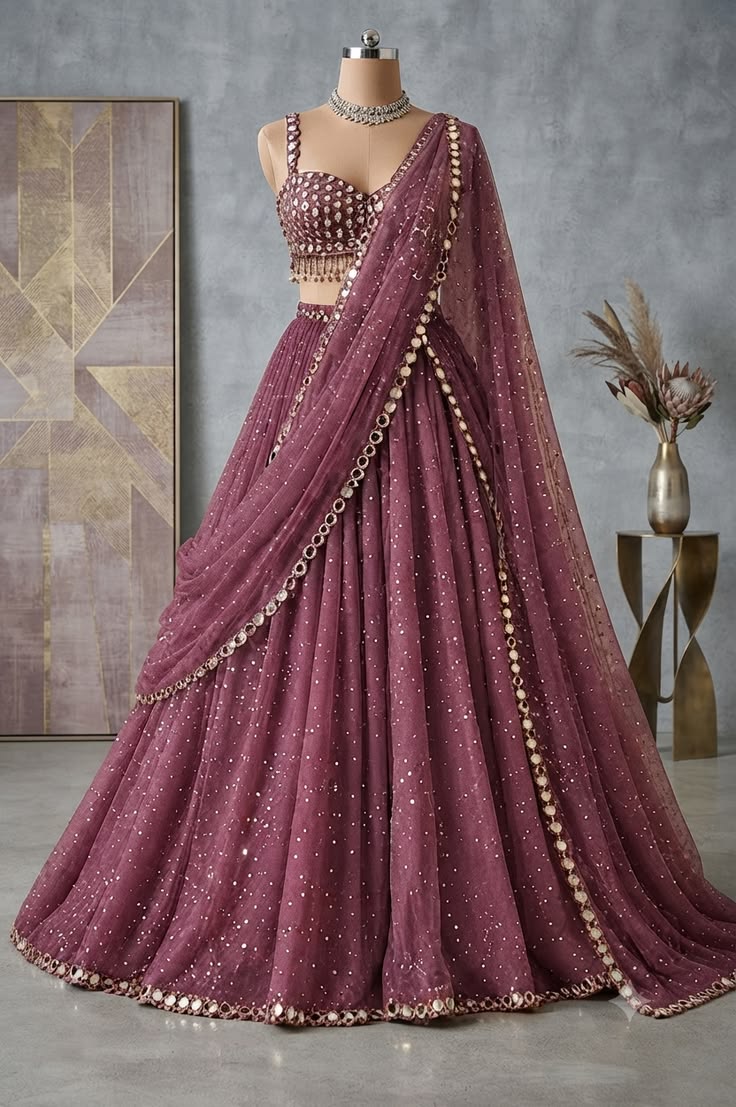 Women Mauve Sequin Embellished Lehenga Set