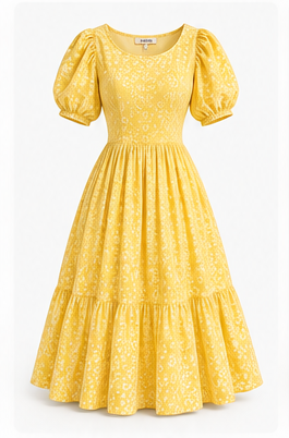 Sunny Yellow Puff Sleeve Fit & Flare Dress