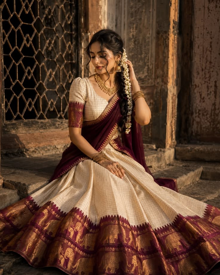 Women Cream Maroon Traditional Lehenga Set