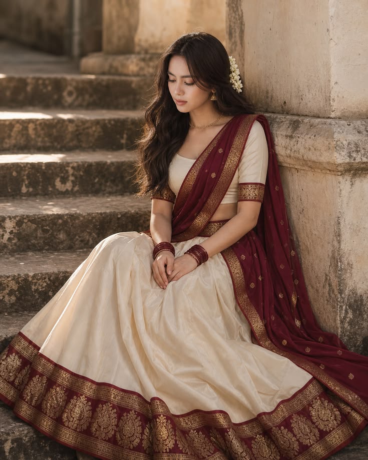Women Cream Maroon Traditional Lehenga Set