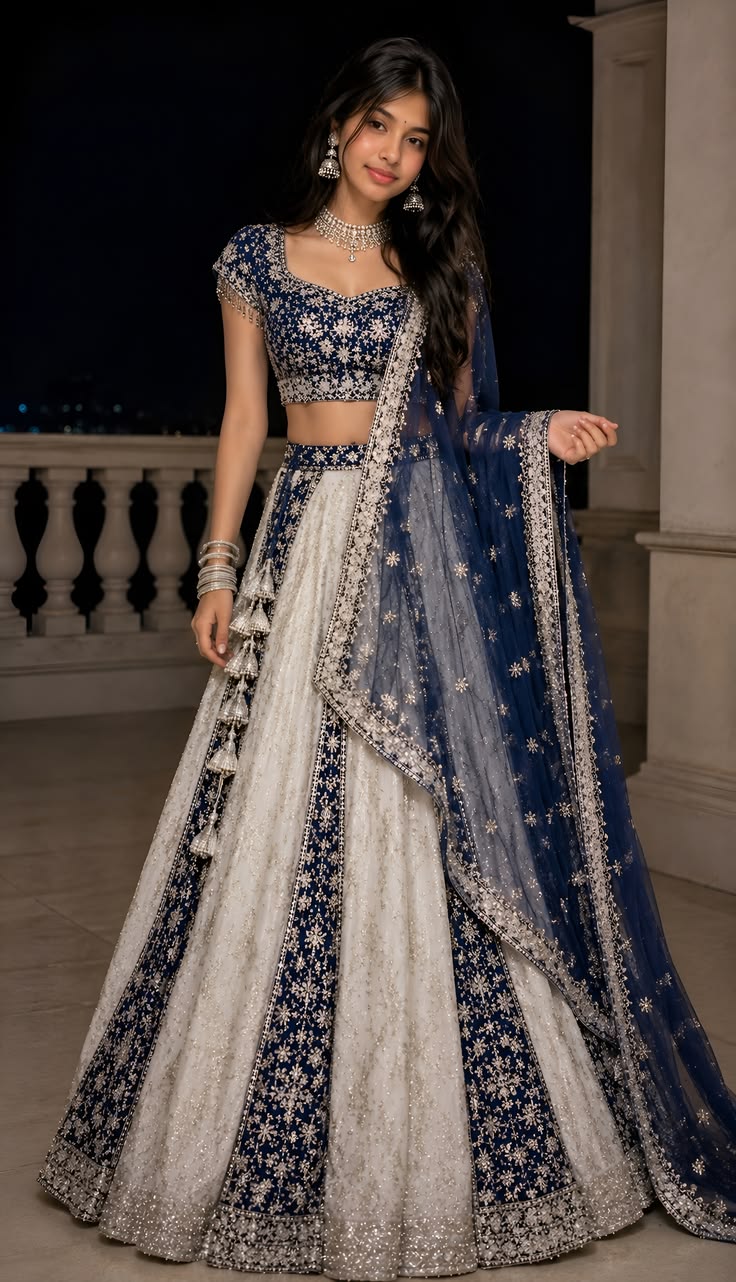 Women Navy Blue Embroidered Lehenga Choli Set
