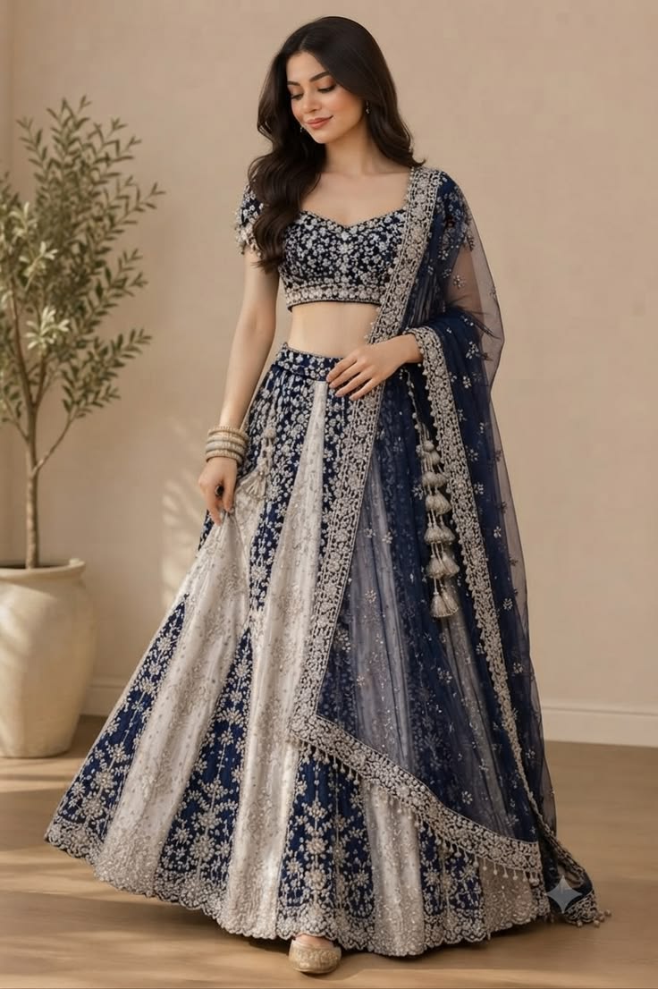 Women Navy Blue Embroidered Lehenga Choli Set