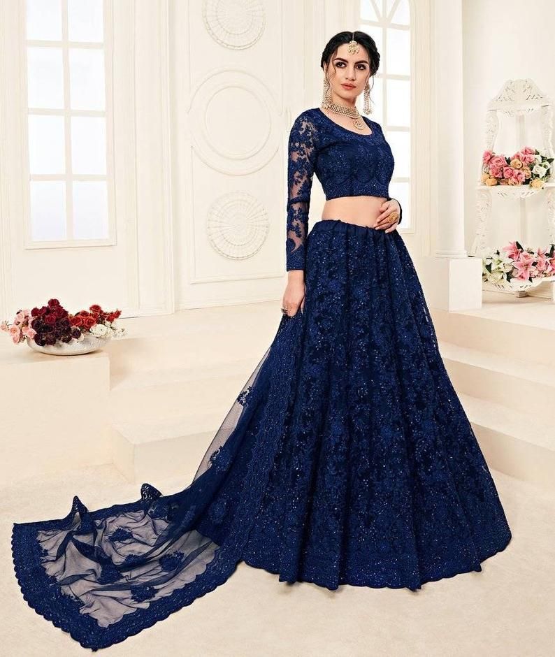 Women Midnight Blue Embroidered Lehenga Set