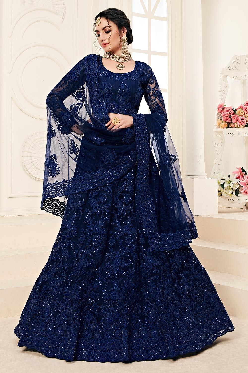 Women Midnight Blue Embroidered Lehenga Set