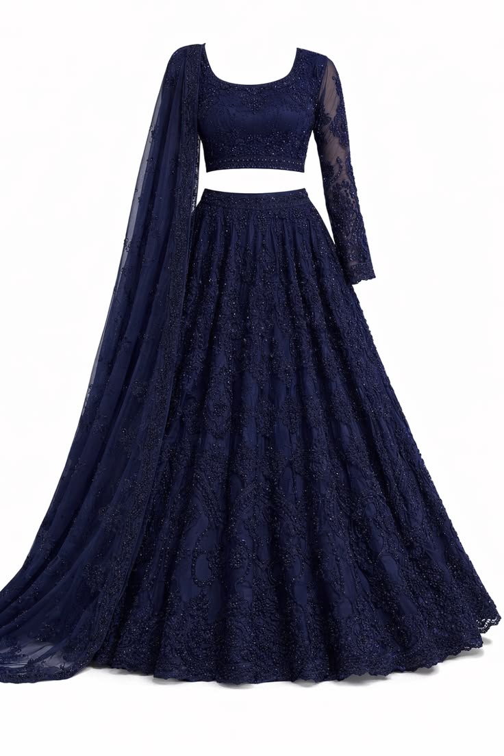 Women Midnight Blue Embroidered Lehenga Set