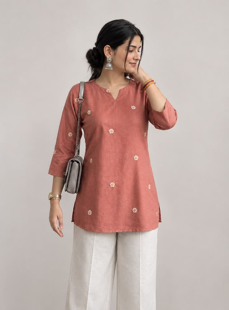 Women Rust Floral Embroidered Straight Kurti