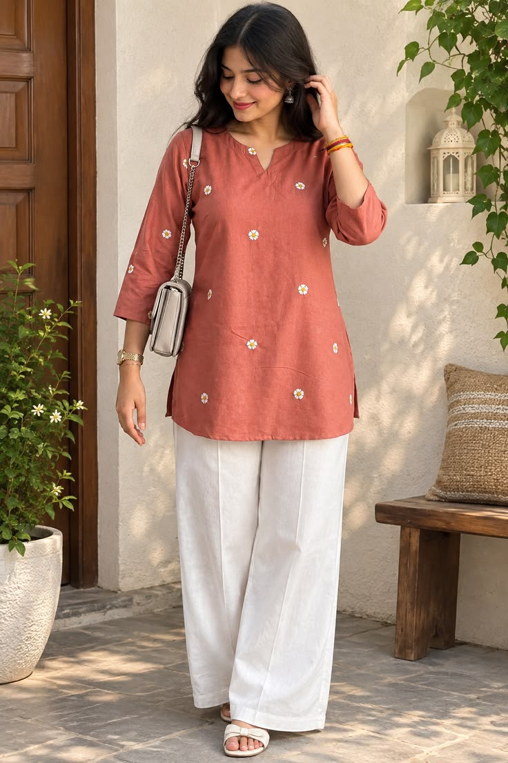 Women Rust Floral Embroidered Straight Kurti